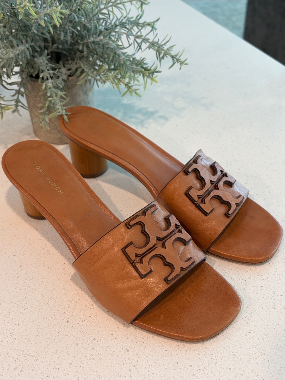 Tory Burch Ines Heeled  Mule Cognac Leather Logo